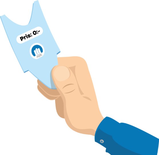 En illustrerad hand med en kölapp som det står noll kronor på och ABK:s logga