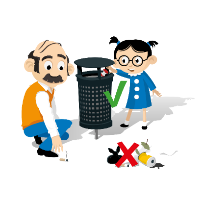 Illustration av en man och en flicka plockar upp skräp från marken och lägger i soptunna på området
